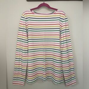 Boden: Girl's Long Sleeve Tee Shirt, Ivory with Rainbow Stripes, Size 15-16Y
